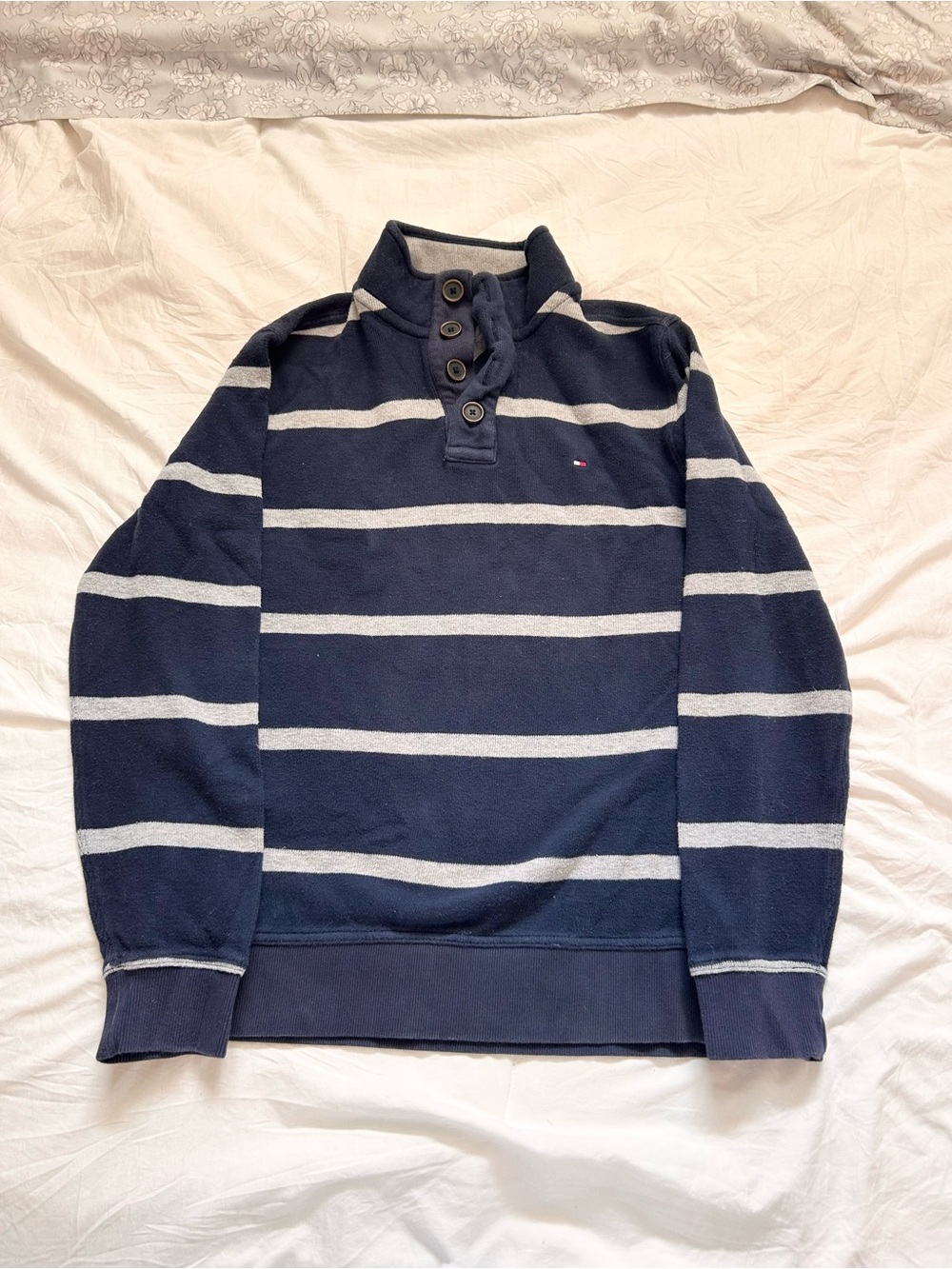 Tommy Hilfiger Navy & White Striped Zip-Style Button Mock Neck Sweater